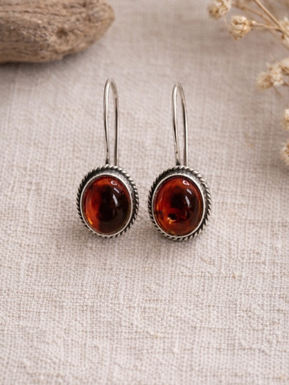 Amber Sterling Silver 925 Drop Earrings Oval Rope Bezel Dangle